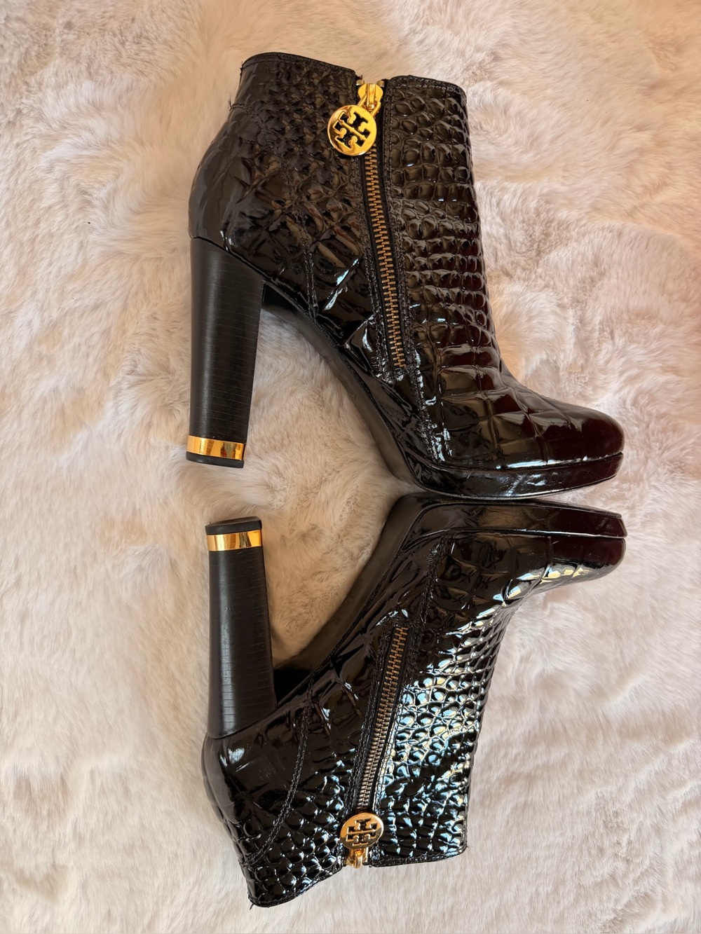 Tory Burch Black Croc-Embossed High Heel Ankle Boots with Gold Logo Zip